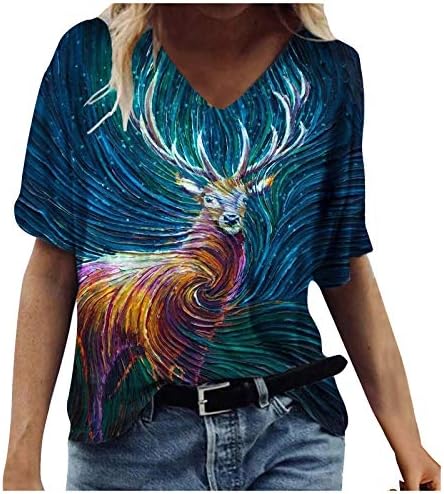 Женски цветни кошули мода плус големина V-вратот со средна должина маички лабави дневни обични врвови маица пуловер