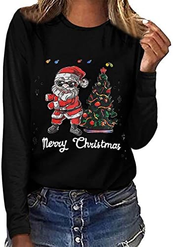 Маици со долг ракав со жени грди санта печати пулвер врвови елка графички маици кошули случајни џемпери Божиќ