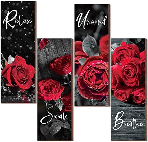 Хедеј 4 ​​парчиња голем црвен дрвен знак за бања, тоалетот, трпезаријата, кујната, додатоците за украси од цвеќиња од роза од 15 инчи