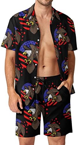 Balелав орел и американско знаме за мажи со 2 парчиња плажа на Хавајски копче надолу со кошула со кратки ракави и шорцеви костуми