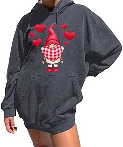 Симпатични долги џемпери за жени со преголеми качулки за в Valentубените Гноми Гноми Графички графички врвови со долг ракав