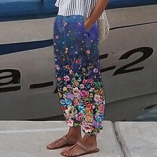 Apendorf жени постелнина панталони, носете панталони со хипи панталони, предни панталони широки нозе цветна шема обични пакувања летна