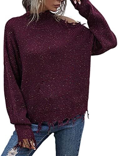Женски џемпер за вратот од кукавички зимски шуплив о-врат пуловер со долги ракави плетени џемпери обични џемпери