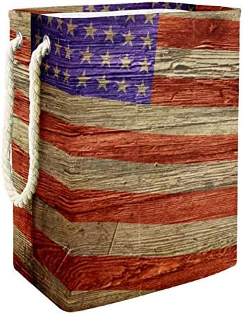 ДЕЈА Водоотпорни Корпи За Перење Високи Цврсти Преклопливи Ретро Американско Знаме Гранџ Дрво Текстура Печатење Попречува За Возрасни Деца