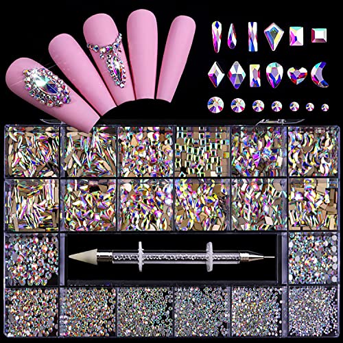 Gogoonly Boxed Nail Crystals Nail Art Rhinestones со алатки околу кристал специјални форми стакло стакло шарки камења, 20 големини за украси за