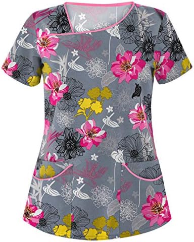 Блузи За Жени Облечена Шема Печатење Широки Кратки Ракави V Вратот Дневни Маици Чистење Врвови со 4 Џеб