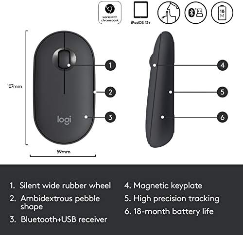 Логитех Камче Безжичен Глушец Со Bluetooth или 2.4 GHz Приемник, Тивок, Тенок Компјутерски Глушец со Тивки Кликови, За Лаптоп/Лаптоп/iPad/КОМПЈУТЕР/Mac/Chromebook