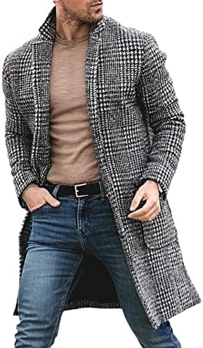 Hsqibaoer Retro HoundStooth Print Moung Woolen Coat есенска јака од средна должина јакна мажи зимски џеб надворешни облеки