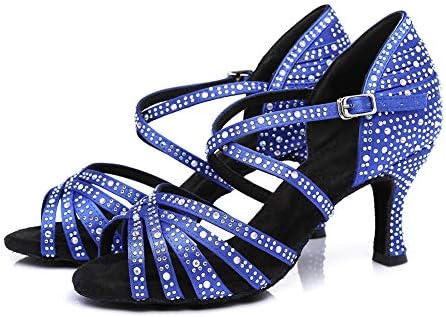 Hipенски латински танцувачки чевли со хипосеус со Rhinestones Ballroom Party Tango Performance Shoes Висока потпетица 7,5 см, модел L377, Blue,