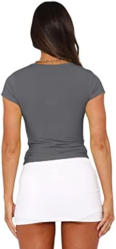 Womenените основни врвови со кратки ракави солидна тенок кошула за бебиња маички екипаж вратот y2k култура на култура