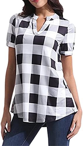 Andongnywell Обични карирани врвови за жени обична маица печатена блуза Краток ракав за вратоврска за вратот на вратот Неправилна