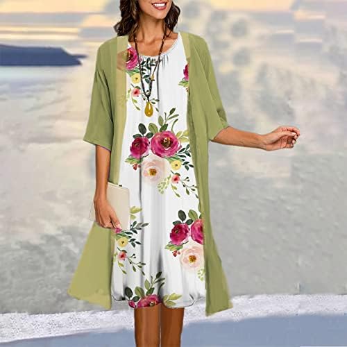 Cucuham женски 2 парчиња облека за жени лето секојдневно печатење шифон 3/4 ракав миди фустан