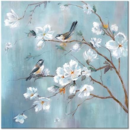 Ут-арт бело цвеќе платно wallидна уметност: Елегантно дрво и птици уметнички дела цветно сликарство за спална соба