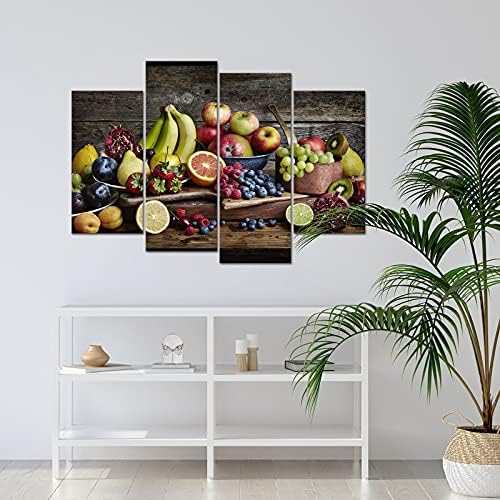 Duobaorom 4 парчиња гроздобер кујна wallидна уметност Различна свежа овошје храна на гроздобер дрвена маса за трпезарија дома украсен и врамен