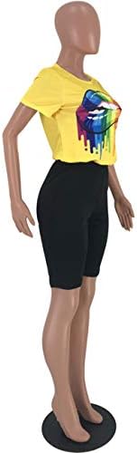 Angsuttc Две парчиња облека за жени летни тренерки за усни печати кратки ракави маички врвови на врвови за велосипедисти шорцеви