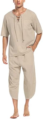 Бабиобоа Машки 2 парчиња постелнина поставени кратки ракави хипи кошула и буги хареми капри панталони обични плажа јога панталони