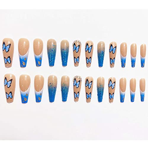 Kamize blue ковчег лажни нокти пеперутка француска печат на долги нокти целосна покривка акрилни rhinestones лажни нокти за жени и девојчиња