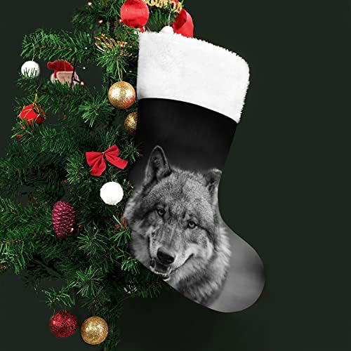 Застрашувачки темно сив волк Божиќни чорапи порибување на Божиќни дрвја санта украси што висат украси за одмори од камин 16,5 “