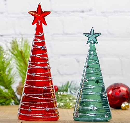 Црвен копродукции сет од 9,5 и 8 Собрани стаклени украси за фигурини на новогодишни елки со LED светла, декор на сезоната на празници-Iridescent