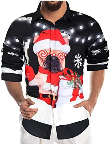 XXBR Божиќни кошули за мажи, смешни 3Д Божиќ Дедо Мраз печатени врвови со долги ракави копче надолу за забава, лежерна кошула улична стил