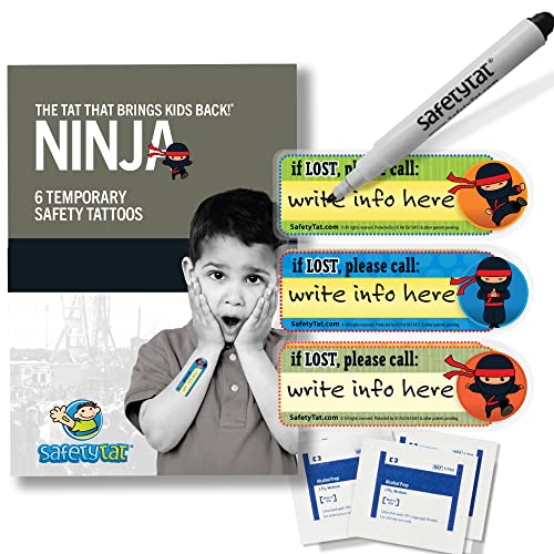 Нинџа 6pk SafetyTat Тетоважите со ДЕТСКА ЛИЧНА КАРТА вклучуваат марамчиња за подготовка на кожата и пенкало за обележување тетоважи