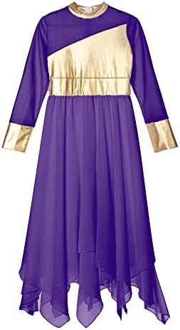 Kvysinly Девојки девојки со долги ракави метални пофалби туника фустан Лирски современ танц црква литургиско обожавање костум
