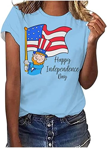 Девојки Краток Ракав Памук Брод Вратот Американско Знаме Графички Дневна Блуза Маица Лабава Фит Блуза За Жени УЈ
