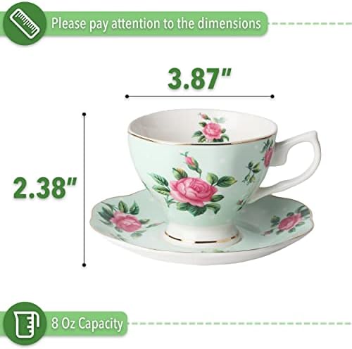 BTAT- Флорални чаши за чај и чинии, сет од 2 со златна трим и кутија за подароци, чаши за кафе, сет за чаши од цвеќиња, британски чаши