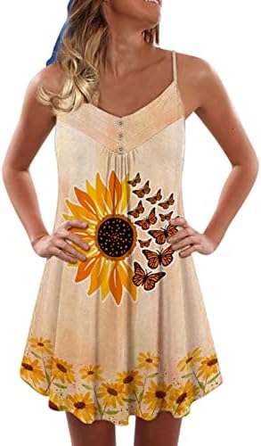 Lutmen'sенски летен мини фустан обичен V вратот без ракави шпагети лента фустан цветно печатење копче плажа сонце фустани