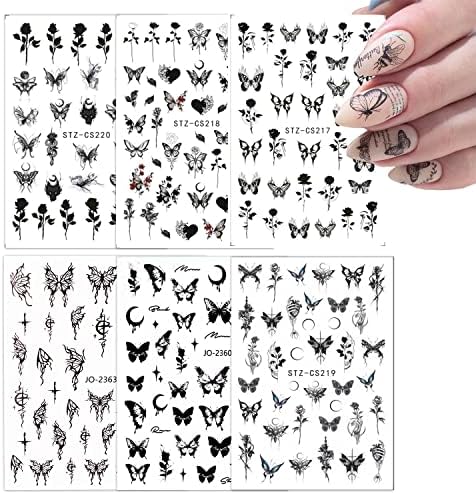 6 листови налепници за уметност од пеперутка за нокти црна роза нокти Дизајн 3Д самолепливи пеперутки налепници за нокти Акрилни нокти за жени