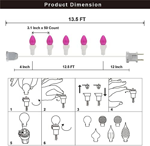 Продадени розови мини жици-светла-50 брои 13 стапки одвојување на предводена стакло C3 Сијалица водоотпорна самовила за самовила, приклучок