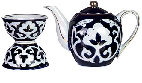 ОРИГИНАЛЕН Популарен Узбекистански 3-Парче Цветен Чај Сет 27-Унца Чајник Со Две 7-Унца Чаши Темно Сина И Бела Узбекистан Керамички Традиционални