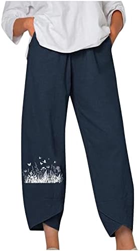 Panенски панталони летни обични широки нозе еластични половини пакувања цветни релексирани вклопени плажа исечени панталони со панталони