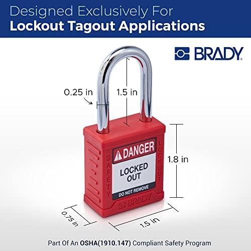 Постави за заклучување на бради за безбедност на Брејди - 6 пакувања - црвено - клучни различни таблички за заклучување на безбедноста - 1 копче