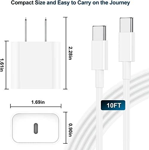USB-C iPad Fast Charger, Apple 20W Fast Charger Block & 10ft Type C до C кабел за полнење за Apple iPad 10th Gen, iPad Pro 12.9/11 инчи 2022/21/20/18,