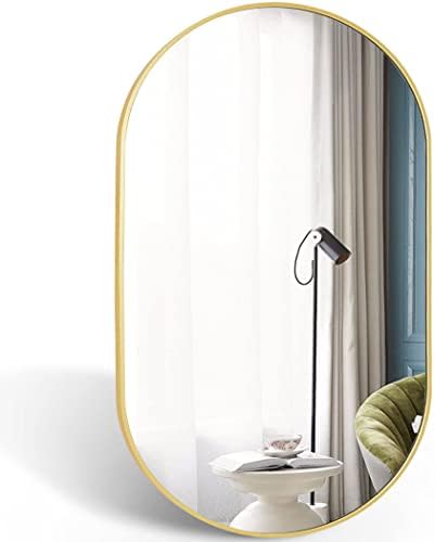 Кофени Овално Огледало, 17 х30 Златно Огледало за Бања Со Метална Рамка, Декор За Огледала За Монтирање На Ѕид За Спална Соба Дневна Соба, Влезот