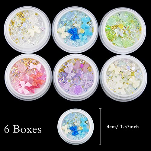6 кутии 3Д цвеќе разновидна уметност за нокти шарм бело розово сино виолетова акрилна мешавина во форма на пеперутка цвеќиња лакови