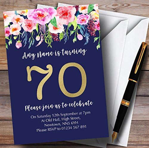 Сина &засилувач; Розова Акварел Цвеќиња 70 Покани За Персонализирана Роденденска Забава