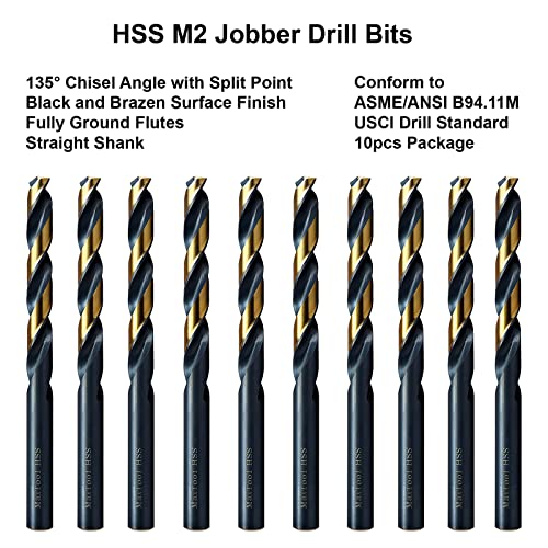 MaxTool 1/4 10 парчиња Идентични битови со должина на работни места HSS M2 Twist Dript Bits Целосно црни и бронзени вежби со права шипка;