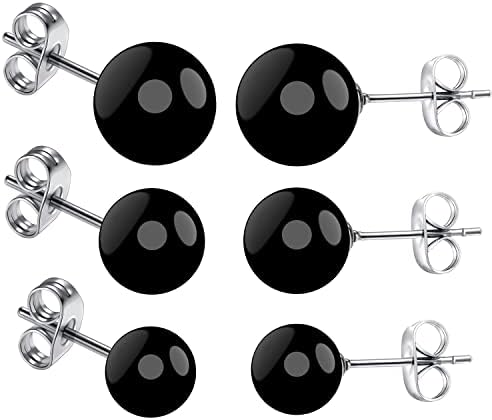 Irumeng црна опсидијанска топка обетки столпчиња, 3 пара обетки со црна топка, поставена големина 4/6/8mm 925 Стерлинг сребрени столпчиња