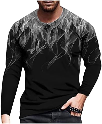 Памучна мешавина од кошула за мажи пламен 3D печатена долга ракав, стилска црна маица
