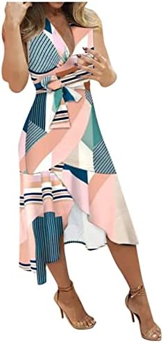 Обични фустани за жени на еојон, отпечатени неправилни облеки на половината, случајно, без позиционирање на печатење, краток ракав