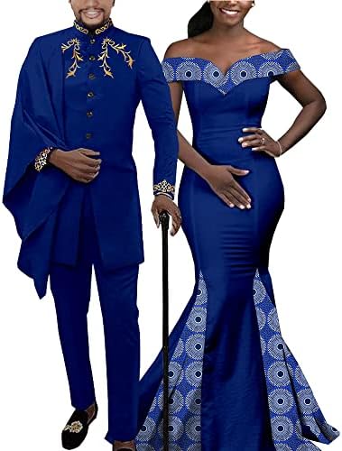 Реал Восок Африканска Двојка Соодветна Облека За Свадбени Жени Тенок Фустан Од Сирена Базин Рише Мажи Неправилни Комплети Панталони За Јакна