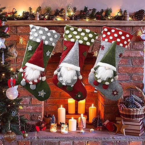 Feonvvir Божиќни чорапи 3 пакувања, 18 големи божиќни чорапи, 3Д шведски гноми Санта Божиќни чорапи Семејство Божиќна декорација сет од 3