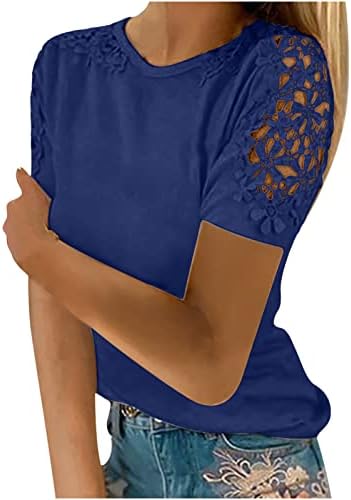 Кошули со кратки ракави, за жени летни чипка, обични врвови дами обична едноставна маица со стандардно вклопување дневни врвни маички