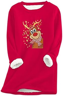 Womenените топли шерпа обложени со кошули со руно брод памук памук кошула Среќен Божиќ целосен женски зимски врвови