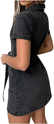 Женски патент мини тексас фустан тенок фит лапел со кратки ракави маица фустан со појас секси v врат-фустани со џебови со џебови