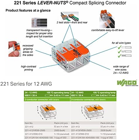 Wago Wire Connectors 221 Lever Nuts-Асортиман за електрични конектори од 15 парчиња вклучува 221-412, 221-413 Компактни навртки за спојување