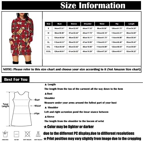 Нокмопо Божиќен фустан за жени моден обичен Божиќен печатен џеб со долг ракав качулка пулвер со средна должина фустан