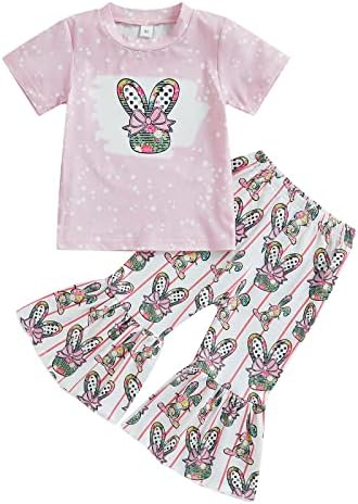 Дете за бебиња девојчиња Велигденски облеки за зајаче зајаци кратки ракави маици врвови цветни разгорени панталони за дното на дното летна